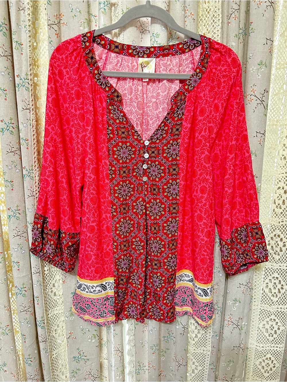 2/$28 Anthropologie Fig & Flower Boho Peasant Top XL Pink Floral Rayon Blouse